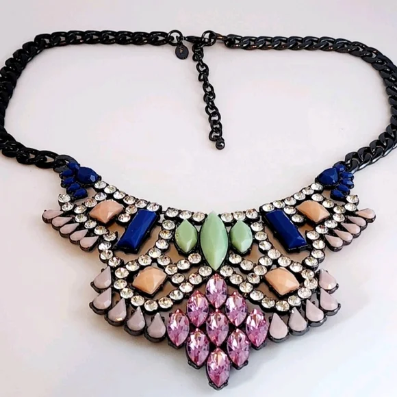 LORI GOLDSTEIN LOGO RUNWAY STATEMENT COLLAR NECKLACE PINK BLUE CRYSTAL GUNMETAL - Picture 12 of 14